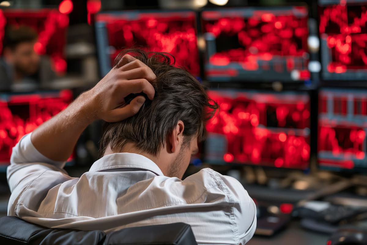 Um investidor privado na Alemanha analisa um plano de poupança em ETFs em um laptop enquanto gráficos de mercado mostram preços em queda.