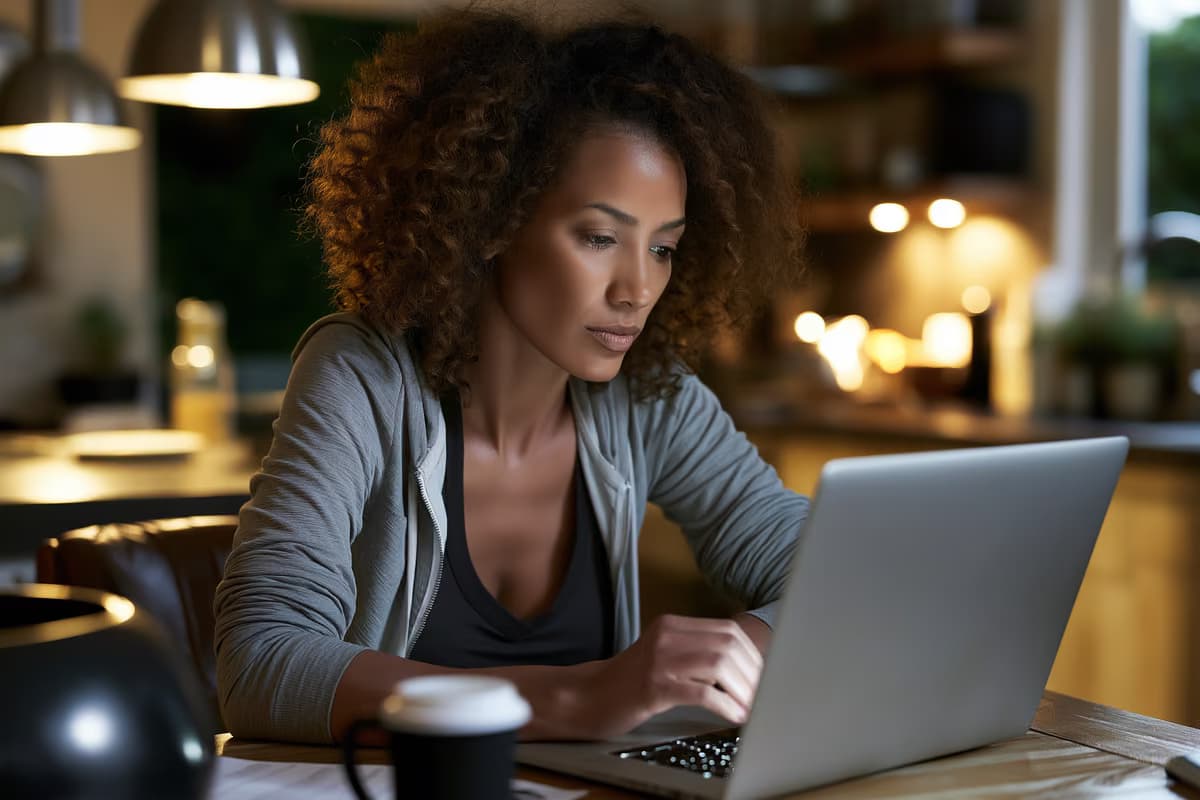Uma pessoa analisa um portfólio de investimentos em um laptop, sentada à mesa da cozinha sob a suave luz da manhã.