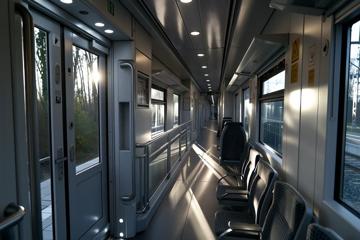 Corredor interno de um trem regional alemão com área de porta aberta e corrimão de segurança sob a luz do entardecer.