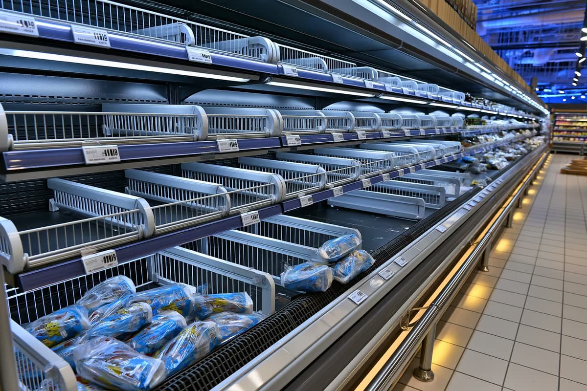 Uma prateleira vazia de um supermercado refrigerado com apenas alguns pacotes restantes após o recall de salsichas na Alemanha.