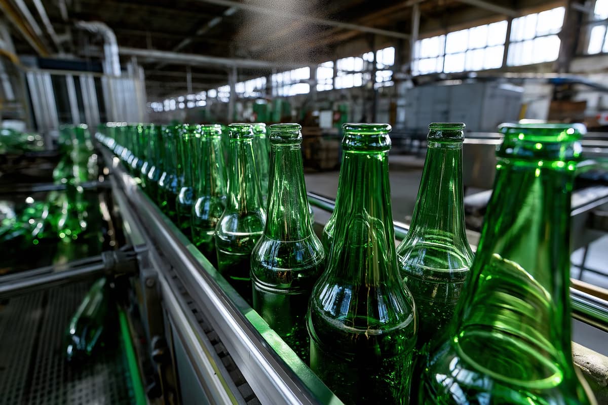 Fileiras de garrafas de cerveja verdes vazias se amontoam em uma esteira rolante parada em um galpão de engarrafamento pouco iluminado.