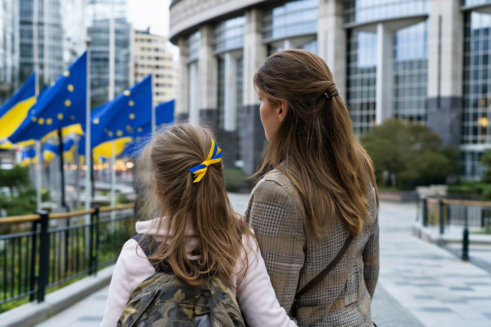 Uma mãe e filha ucranianas observam bandeiras da UE do lado de fora de um prédio de uma instituição europeia após a prorrogação da proteção temporária concedida à Ucrânia.