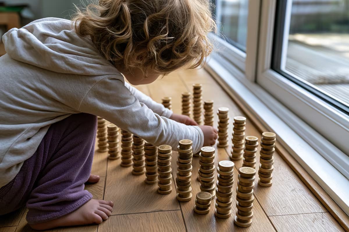 Um cofrinho ao lado de uma pequena pilha de moedas de euro sobre uma mesa de madeira.