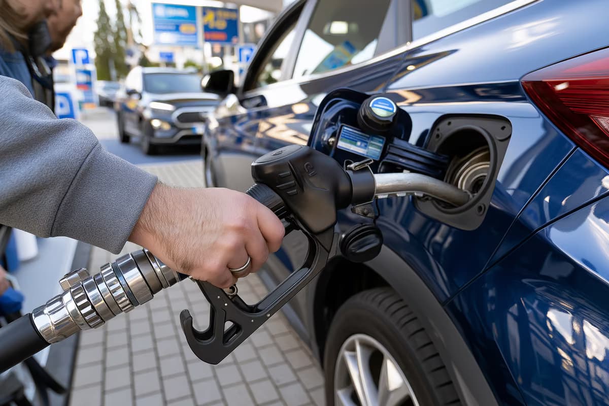 Um motorista segurando um bico de abastecimento enquanto recarrega um carro em um posto de gasolina.
