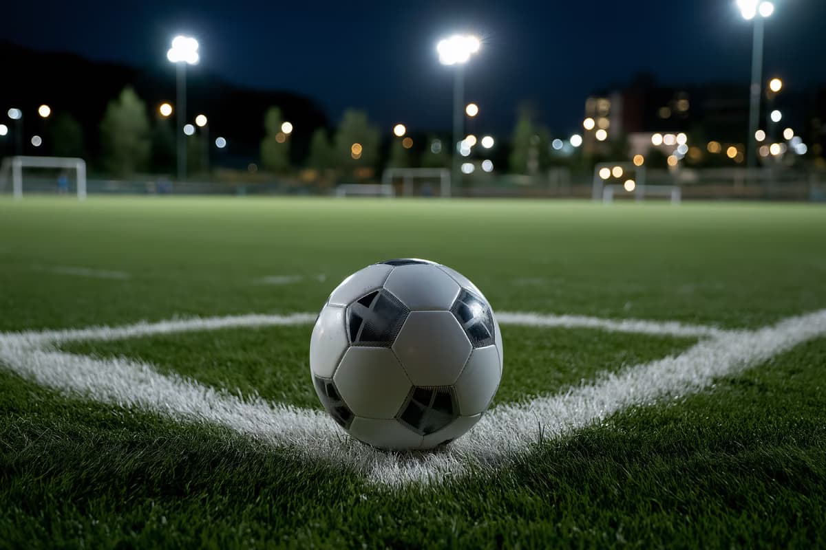 Uma bola de futebol solitária repousa na marca de pênalti de um campo iluminado.