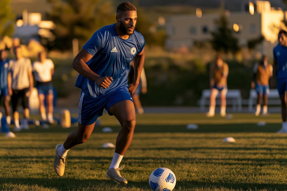 Um jogador canhoto, vestindo um uniforme de treino azul sem marca, corre pela lateral com a bola sob uma luz dourada rasante.