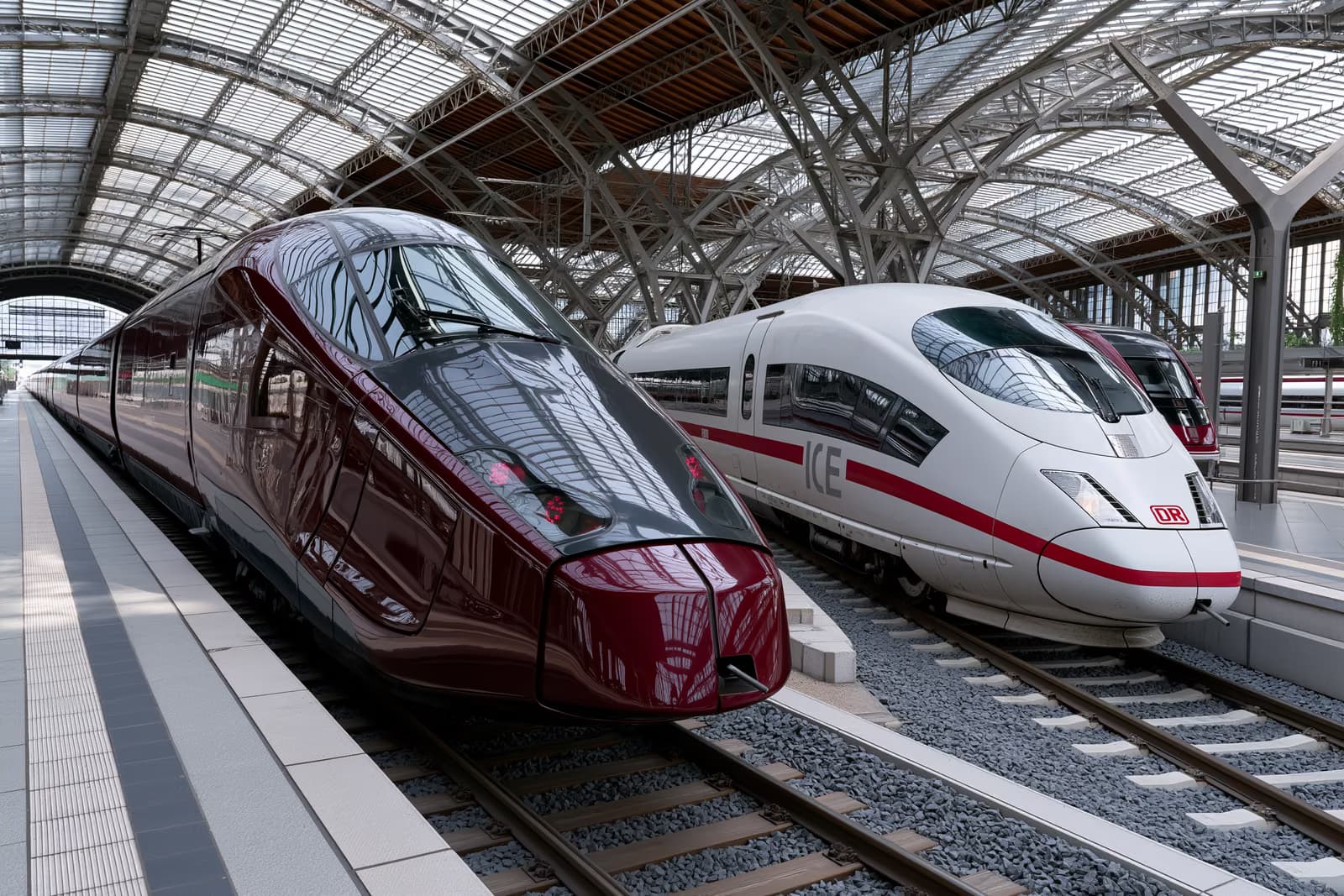 Um trem de alta velocidade vermelho-escuro ao lado de um ICE branco em trilhos paralelos no hall de uma estação alemã, simbolizando o desafio da Italo à Deutsche Bahn.