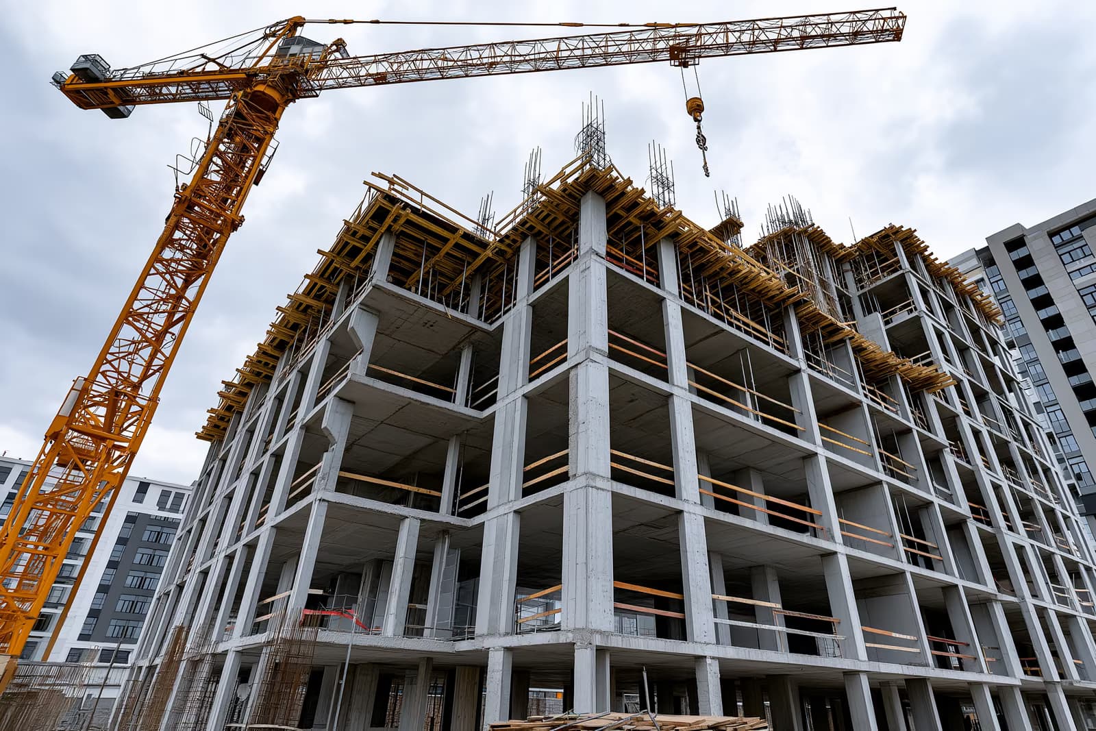 Uma estrutura de concreto inacabada com janelas vazias sob um guindaste enferrujado, uma imagem das perdas do fundo Krankenkassen em negócios imobiliários fracassados.