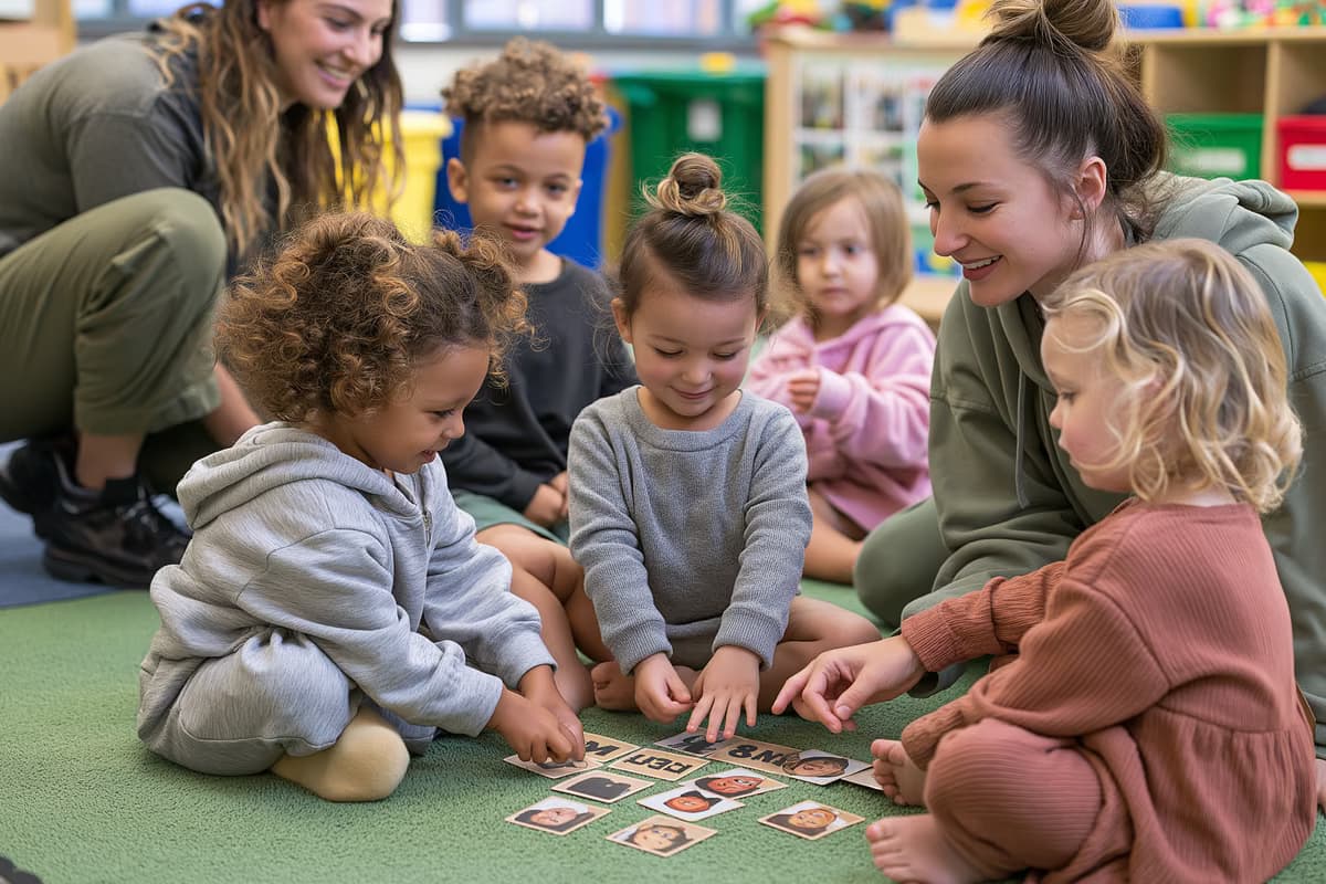 Crianças pequenas brincam de um jogo de cartas de correspondência de palavras no tapete da sala de aula enquanto uma professora as auxilia na prática do alemão.