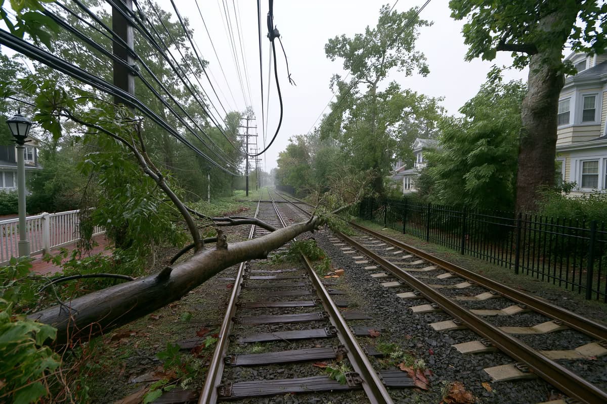 Um galho caído atravessa os trilhos de uma ferrovia suburbana, sob um fio aéreo danificado, após a tempestade em Franconia.