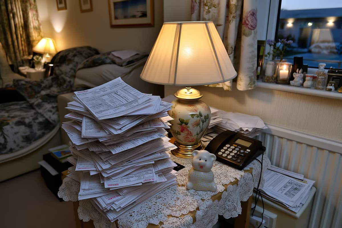 Uma pilha de faturas mensais está ao lado de uma estatueta de porcelana em uma mesa lateral no quarto de um lar de idosos, mostrando as contas crescentes que os residentes enfrentam.