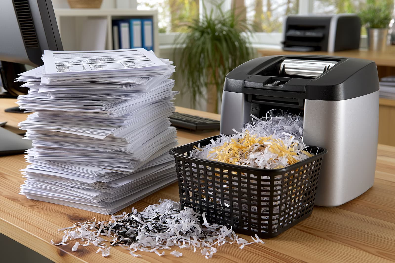 Uma pilha alta de formulários em papel está ao lado de um triturador de papel em uma mesa de escritório do governo, simbolizando o alívio da burocracia.