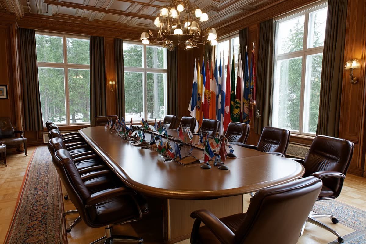 Uma sala de reuniões ministerial vazia, com uma longa mesa oval, cadeiras de couro e pequenas bandeiras nacionais, iluminada pela luz da manhã.