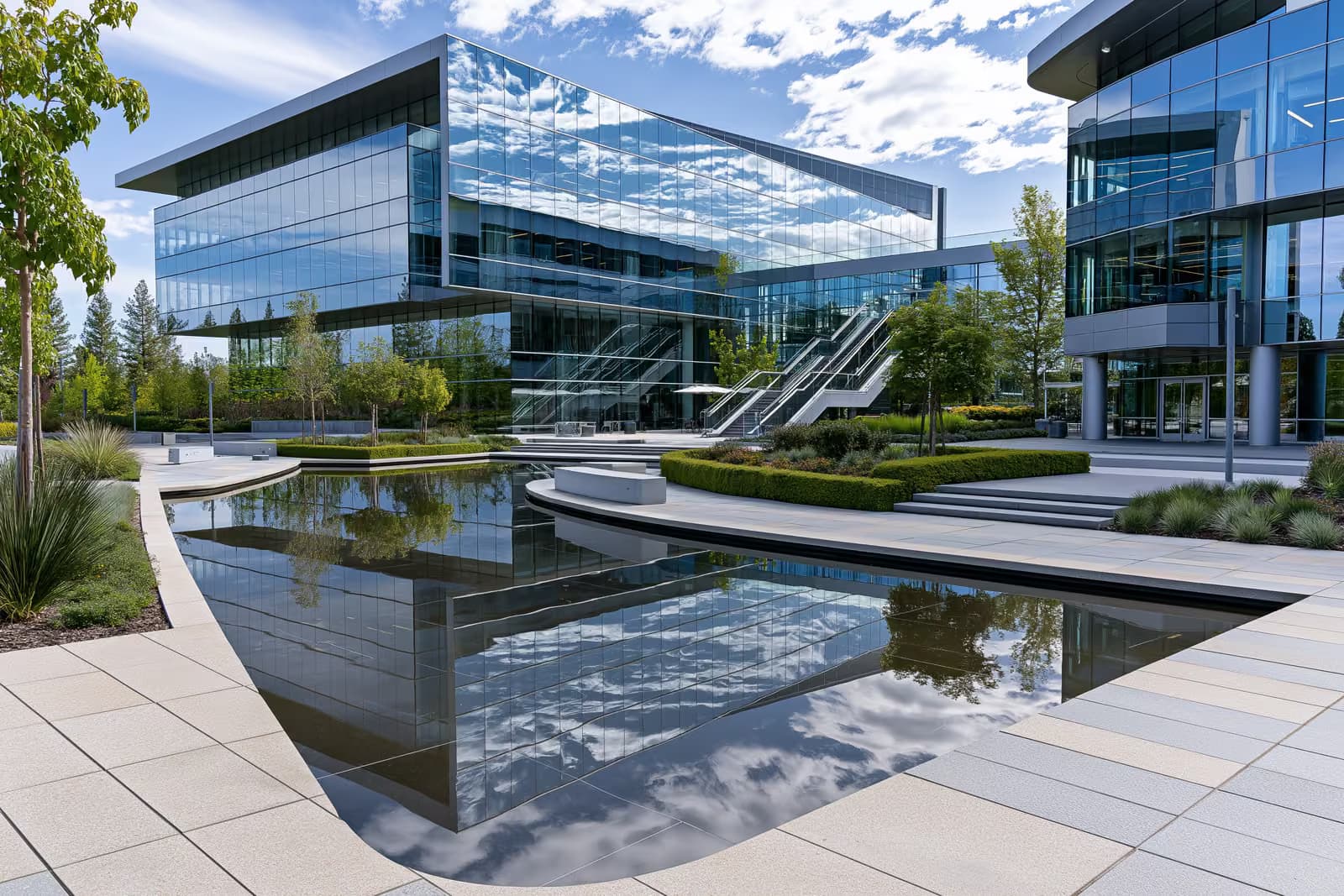 Edifício moderno de escritórios da SAP com o logotipo da empresa acima de uma entrada de vidro na Alemanha.