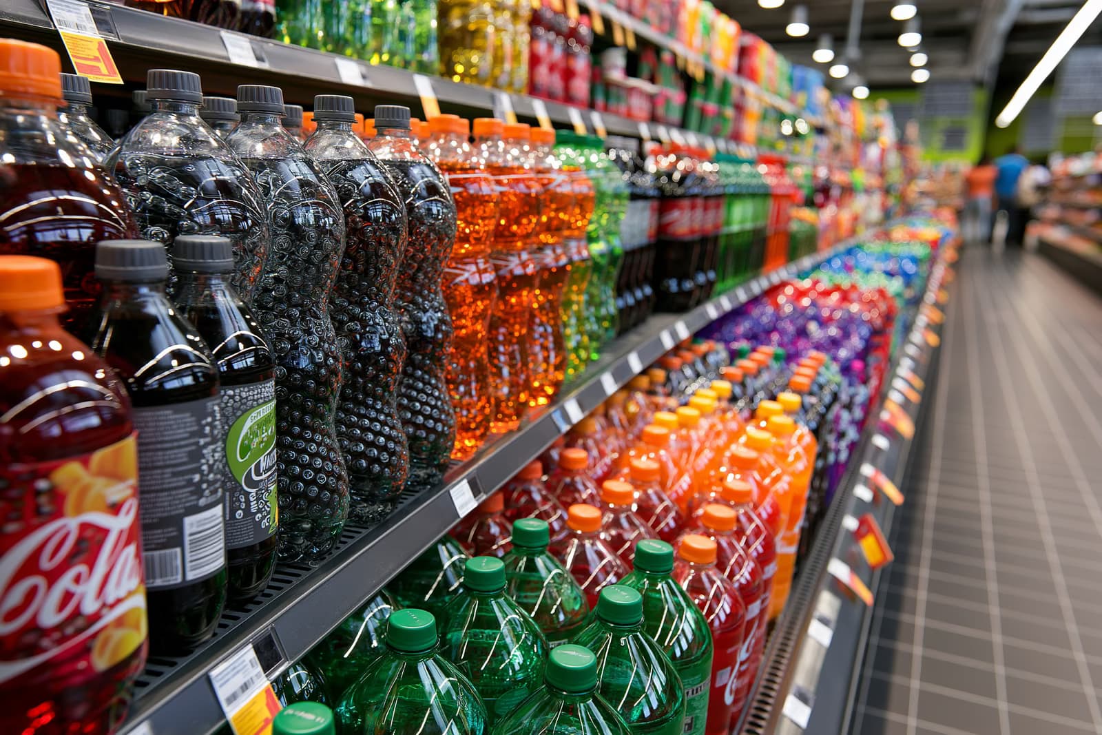 Fileiras de garrafas coloridas de refrigerante em um corredor bem iluminado de um supermercado alemão, os produtos que seriam alvo de um imposto sobre o açúcar planejado.