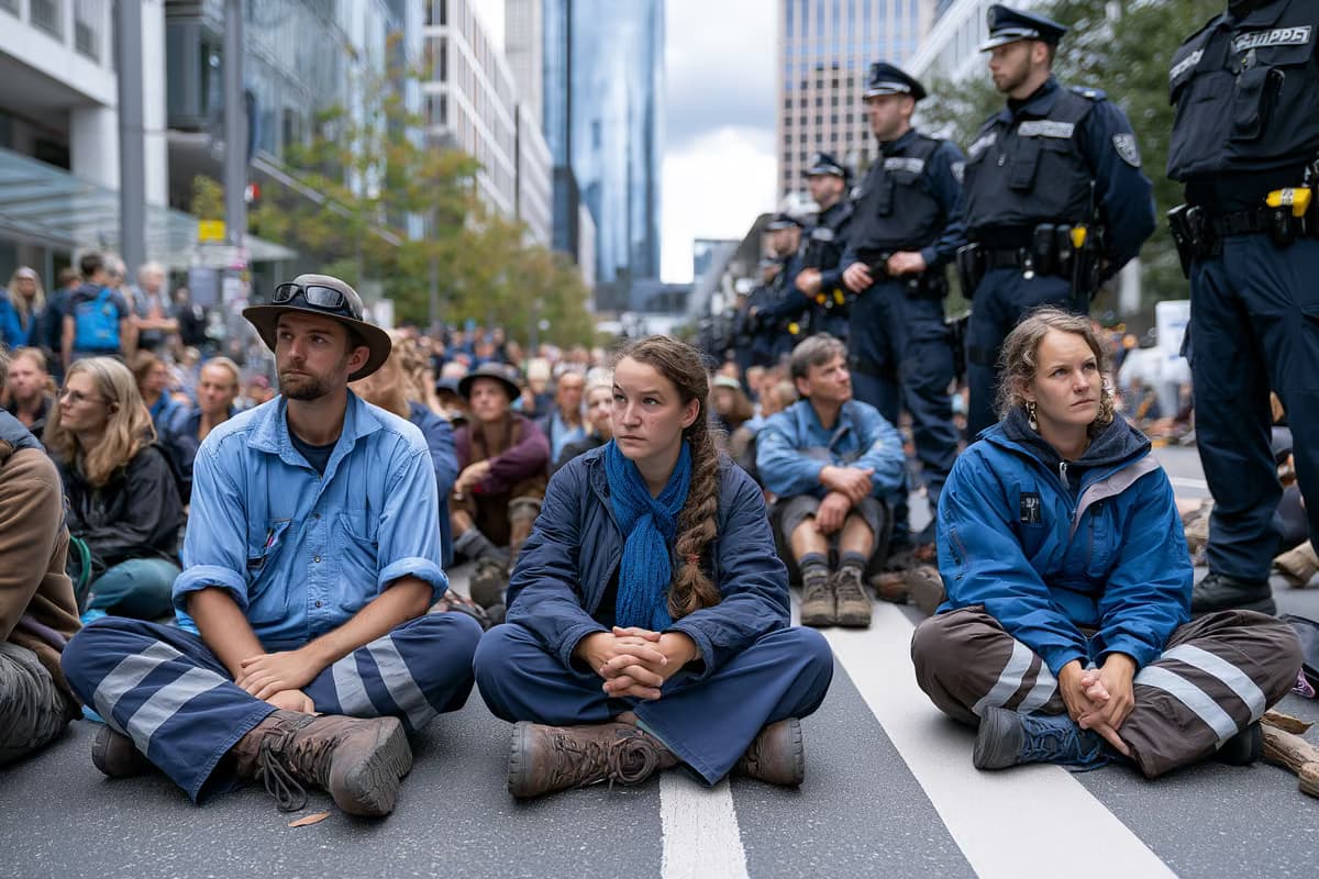 Manifestantes sentados em um bloqueio de estrada com policiais próximos em uma cidade alemã.