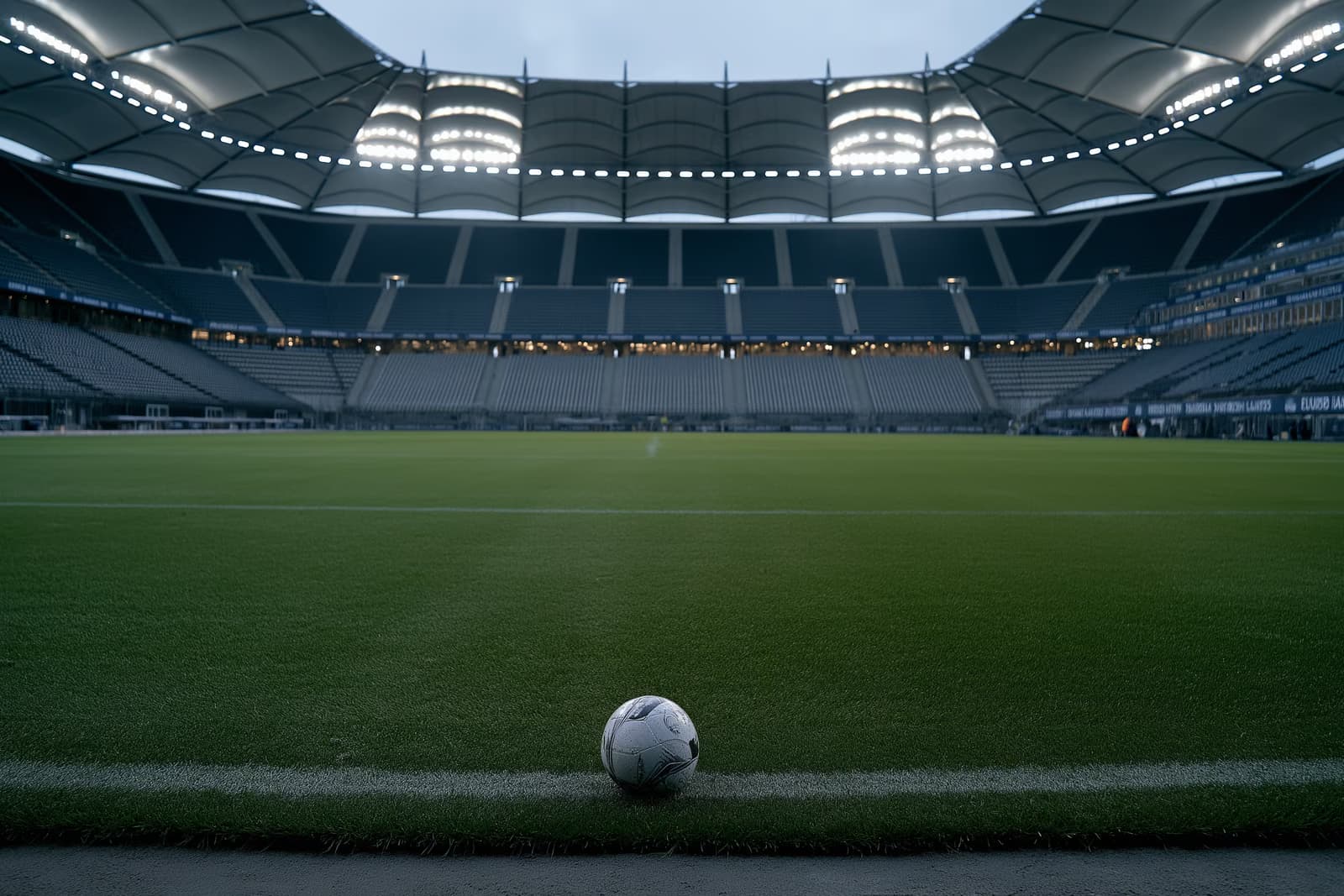 Um estádio de futebol vazio em Hamburgo ao entardecer, com os refletores acesos e uma bola solitária no centro do campo após a saída de Vuskovic do HSV.
