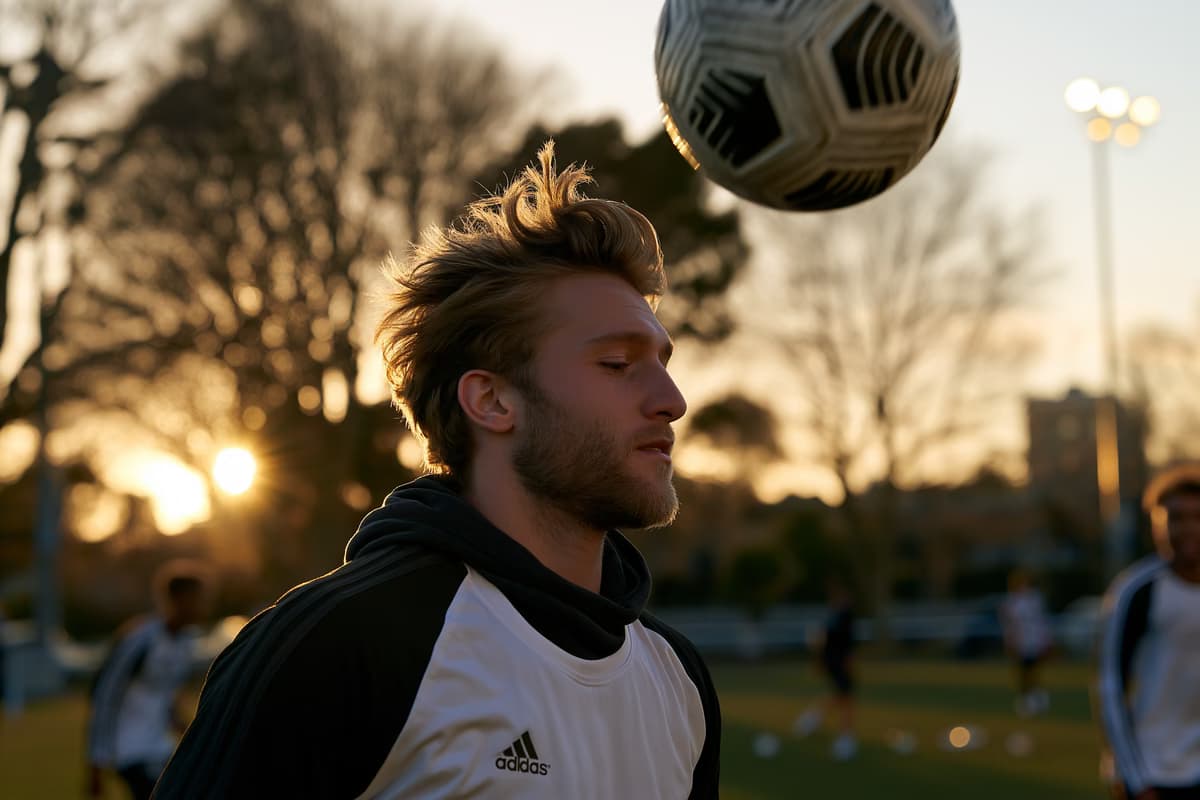 Um jovem zagueiro, vestindo uniforme de treino simples, cabeceia sozinho uma bola em um campo de treinamento durante o pôr do sol.