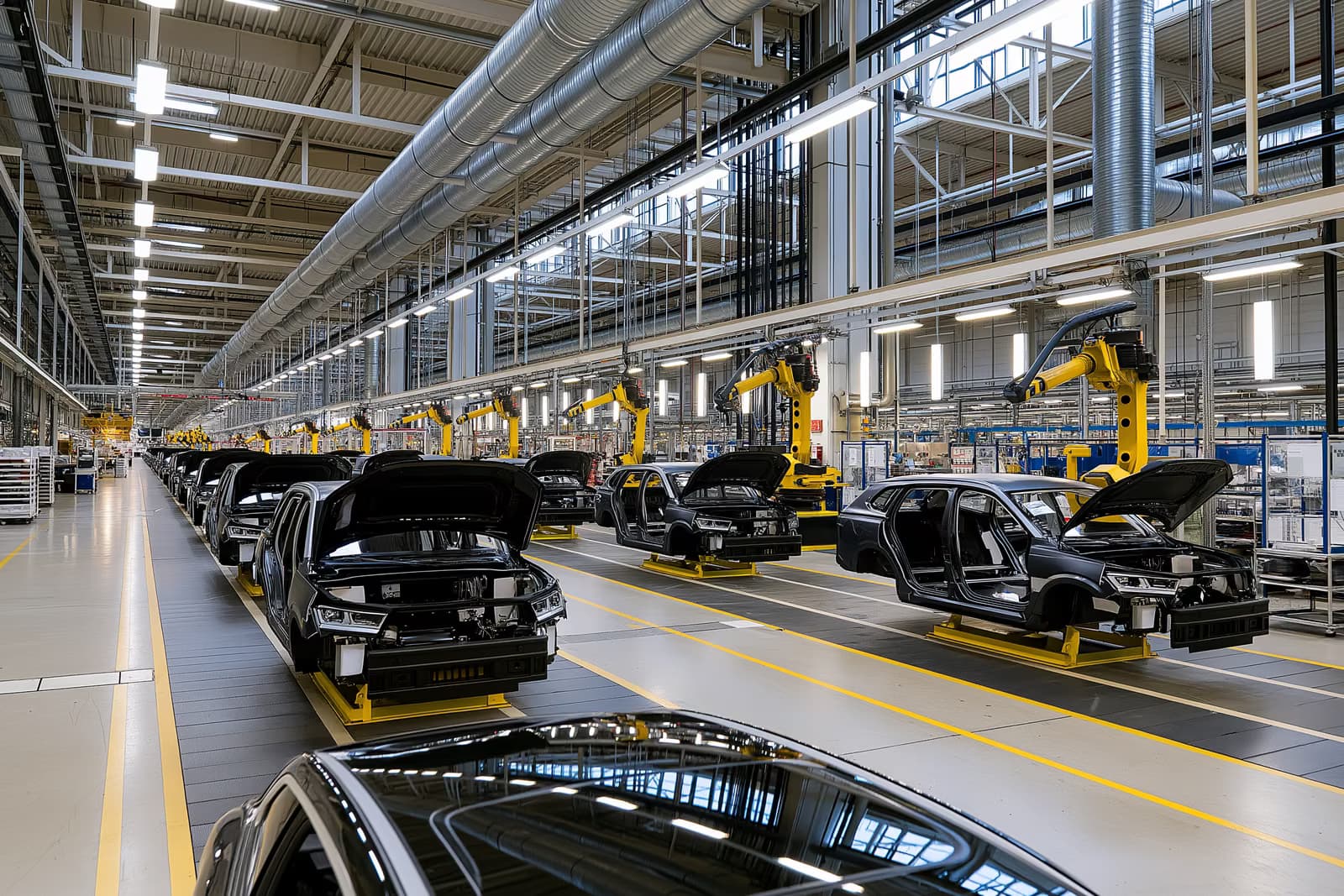 Braços robóticos parados sobre carrocerias inacabadas em uma linha de montagem da Volkswagen, enquanto a disputa sobre o fechamento de fábricas da VW continua.